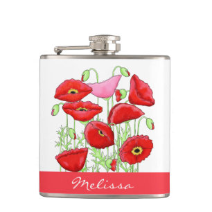 Red Pink Poppies Art Aangepaste naam Heupfles