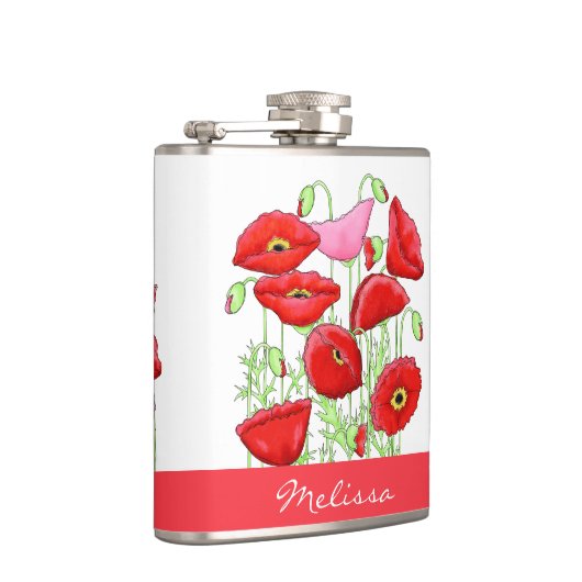 Red Pink Poppies Art Aangepaste naam Heupfles (Rechts)