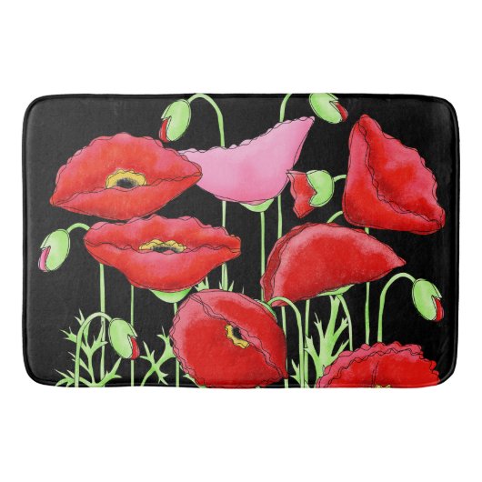Red Pink Poppies Art Custom Decorative Black Badmat (Voorkant)