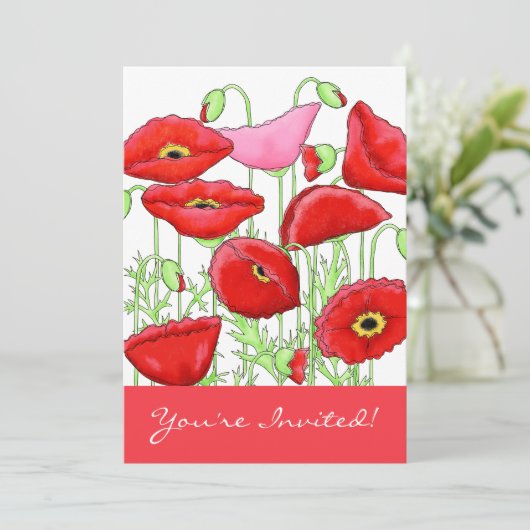 Red Pink Poppies Flowers Art Aangepaste uitnodigin Kaart (Staand voorkant)