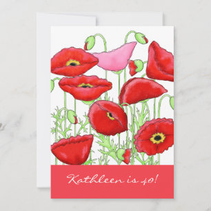 Red Pink Poppy Flowers 40th Birthday Party Invite Kaart