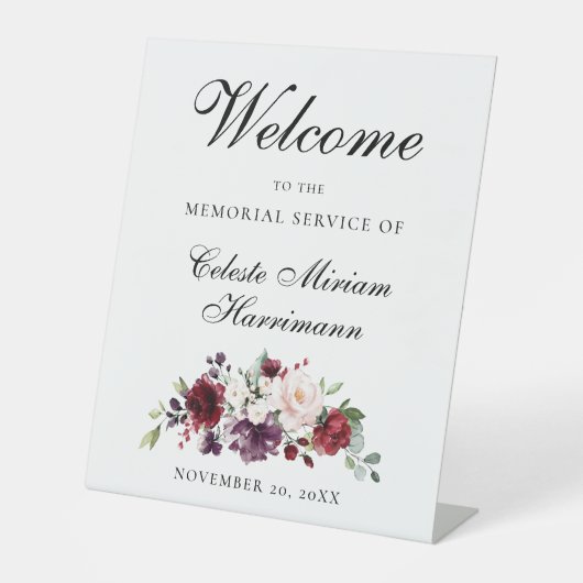 Red Pink Rose Floral Memorial Service Reclamebord Met Voetstuk (Voorkant)