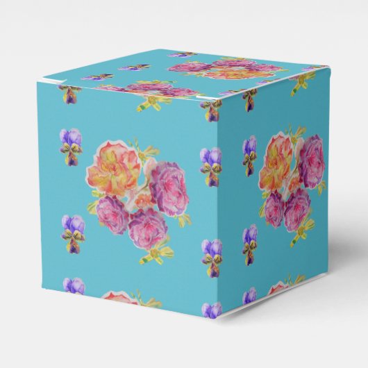 Red Pink Rose Shabby Chic Blauwgroen Aqua Floral F Bedankdoosjes (Voorkant Zijde)