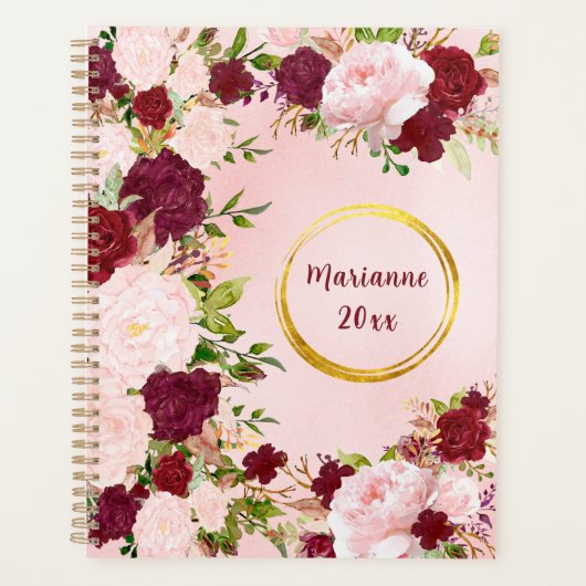 Red & Pink Roses with Gold Name Frame Personalized Planner (Voorkant)
