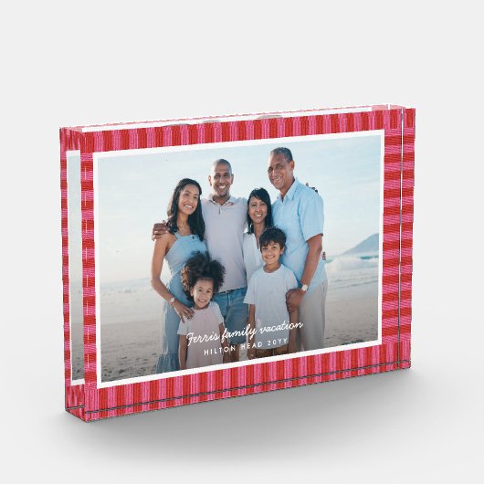 Red pink striped frame custom text  fotoblokken (Links)