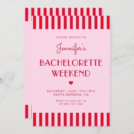 Red & Pink Stripes Bachelorette Weekendprogramma Kaart (Voorkant / Achterkant)