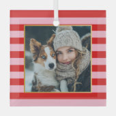 Red Pink Stripes Christmas Photo Glas Ornament (Voorkant)