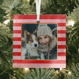 Red Pink Stripes Christmas Photo Glas Ornament