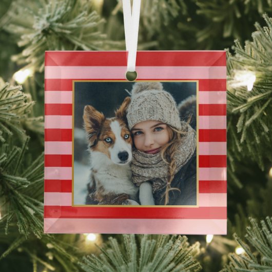 Red Pink Stripes Christmas Photo Glas Ornament (Insitu)