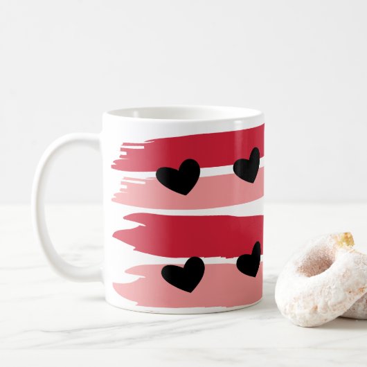 Red Pink Stripes Pattern Black Hearts Koffiemok (Met donut)