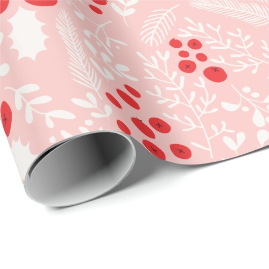 Red Pink White Holly Berries Mistletoe Kerstmis W Cadeaupapier (Rol Hoek)