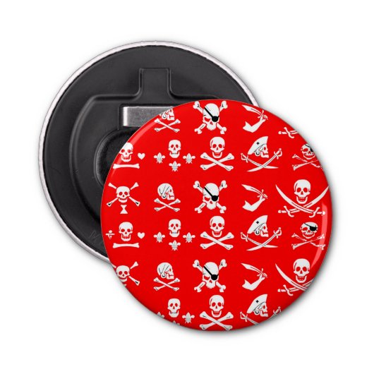 RED PIRATE BANNERS SKULL, CROSSED BOTTEN, SWOREN BUTTON FLESOPENER (Voorkant)