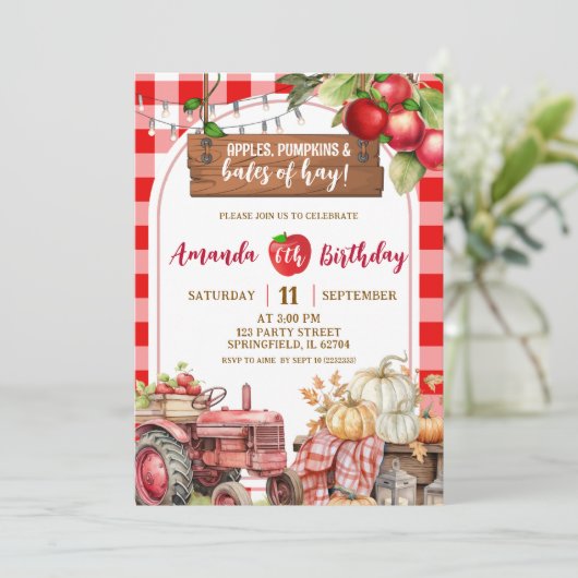 Red Plaid Appelpompoen en balen van hooi Kaart (Staand voorkant)