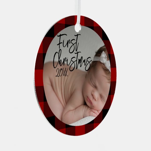 Red Plaid Baby's Eerste Kerstmis Metalen Ornament (Voorkant Rechts)