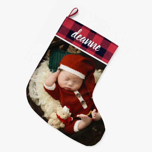 Red Plaid Baby's First Christmas 1 Photo Grote Kerstsok (Voorkant (Hangend))