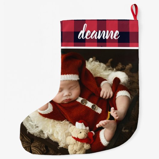 Red Plaid Baby's First Christmas 1 Photo Grote Kerstsok (Achterkant)