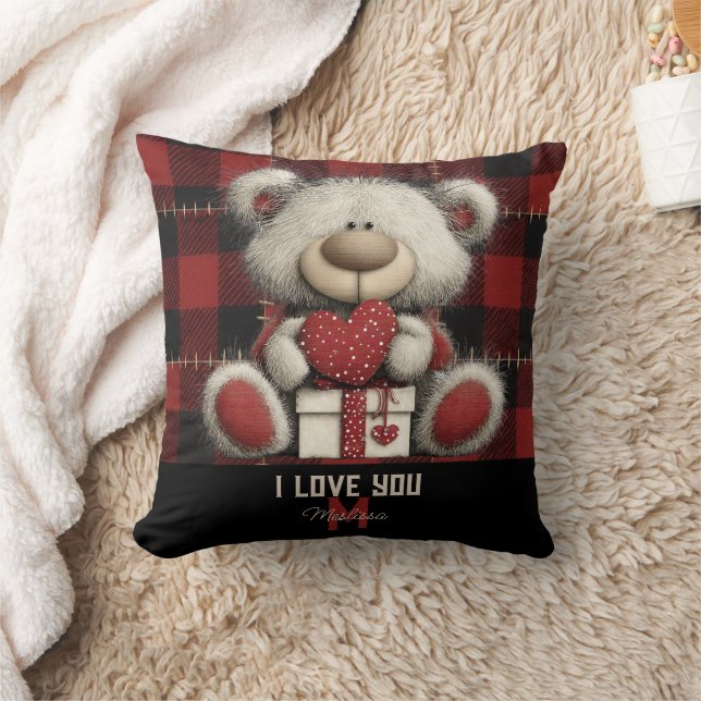 Red Plaid Bear I Love You Custom Name Monogram Kussen (Deken)