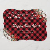Red Plaid Botanical String Lights New Year Card Feestdagenkaart (Voorkant / Achterkant)
