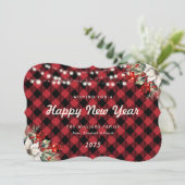 Red Plaid Botanical String Lights New Year Card Feestdagenkaart (Staand voorkant)
