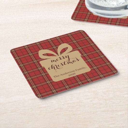 Red Plaid Christmas Festive Pattern -  Vierkante Kartonnen Onderzetter (Schuin)