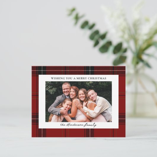 Red Plaid Custom Horizontal Photo Christmas Feestdagenkaart (Staand voorkant)