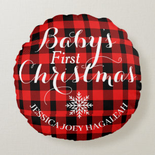 Red Plaid Eerste Kerstmis Gepersonaliseerde Baby F Rond Kussen