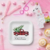 Red Plaid Elegant Script Christmas Truck Papieren Bordje (Feest)