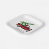 Red Plaid Elegant Script Christmas Truck Papieren Bordje (Gebogen)