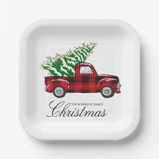 Red Plaid Elegant Script Christmas Truck Papieren Bordje (Voorkant)