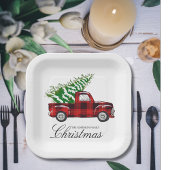 Red Plaid Elegant Script Christmas Truck Papieren Bordje