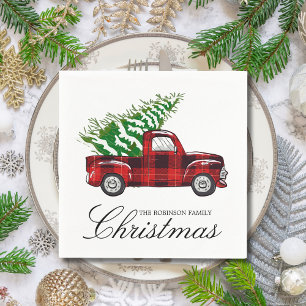 Red Plaid Elegant Script Christmas  Truck Servet