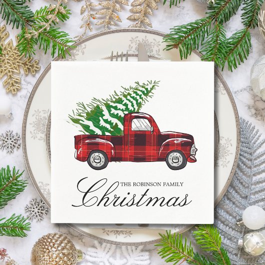Red Plaid Elegant Script Christmas Truck Servet