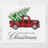 Red Plaid Elegant Script Christmas Truck Sparkling Wijnetiket (Enkel label)