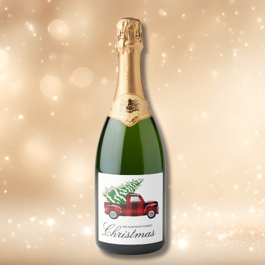 Red Plaid Elegant Script Christmas Truck Sparkling Wijnetiket