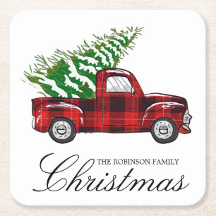 Red Plaid Elegant Script Christmas  Truck Vierkante Kartonnen Onderzetter