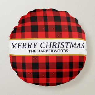 Red Plaid Elegante Decoratieve Kerstfamilie Rond Kussen