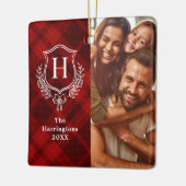 Red Plaid Family Crest Foto van Kerstmis Keramisch Ornament (Links)