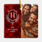 Red Plaid Family Crest Foto van Kerstmis Keramisch Ornament (Voorkant)