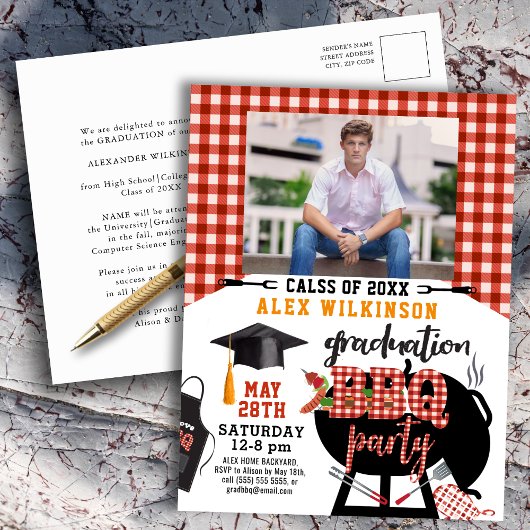 Red Plaid Graduation BBQ Party Photo Invitation