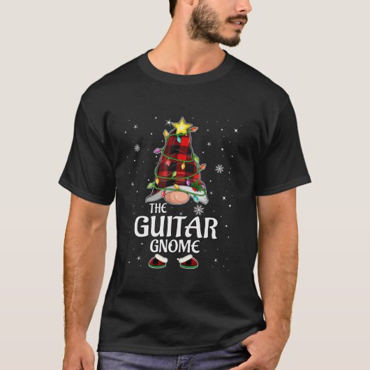 Red Plaid Guitar Gnome Matching Christmas Pajama T-shirt (Voorkant)