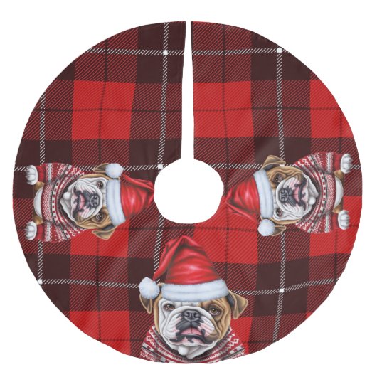 Red Plaid Holiday Bulldog Kerstmis Kerstboom Rok (Voorkant)