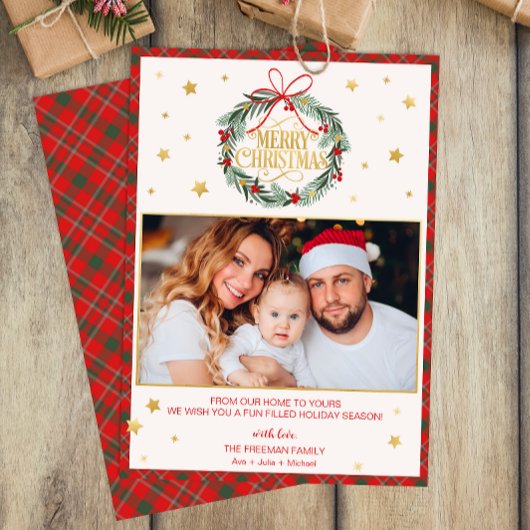 Red Plaid Joyeux Noël Famille Carte photo