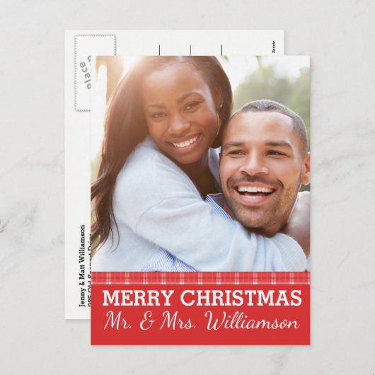 Red Plaid Joyeux Noël Mr & Mrs Carte Postale Photo (Devant / Derrière)