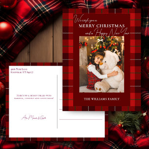 Red Plaid Merry Christmas 1 Foto Feestdagenkaart