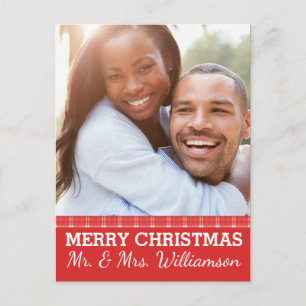 Red Plaid Merry Christmas Mr. & Mrs Foto Briefkaar Feestdagenkaart