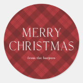 Red Plaid Merry Christmas Ronde Sticker (Voorkant)
