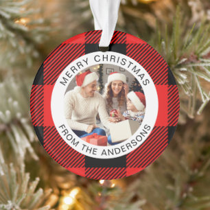 Red Plaid Modern Eenvoudige Kerstfamilie 2 Foto Ornament
