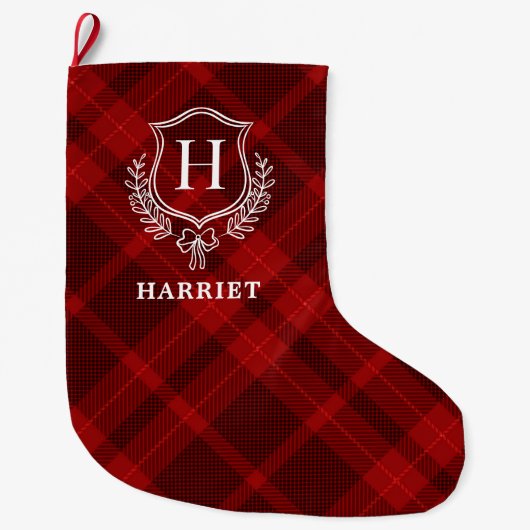 Red Plaid Monogram Initiaal Tartan Grote Kerstsok (Voorkant)