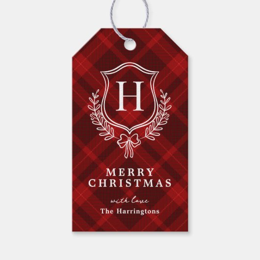 Red Plaid Monogram Kerstmis Cadeaulabel (Voorkant)