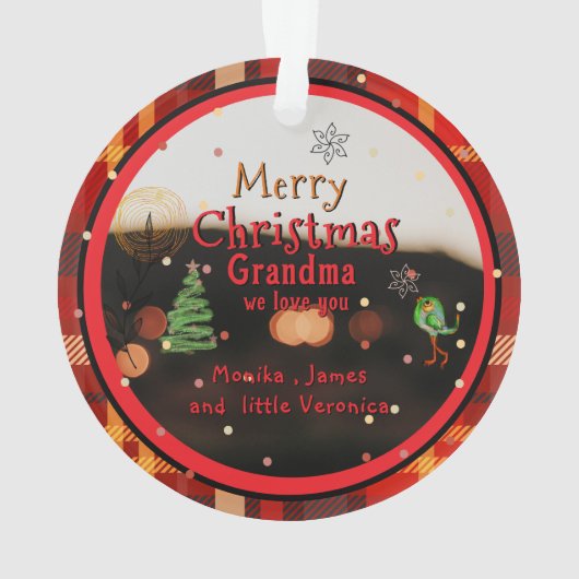 Red Plaid Photo Ornament with Hand-Drawn Ribbon (achterkant)